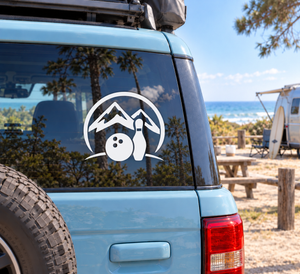 Bowling alpine arch vinyl decal with bowling ball and pin graphic on car window