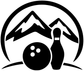 Alpine arch bowling graphic vinyl decal with ball, pin, and mountain peaks in black