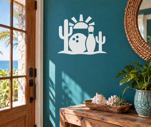 Teal wall vinyl decal with white desert sun, cacti, and bowling ball icon