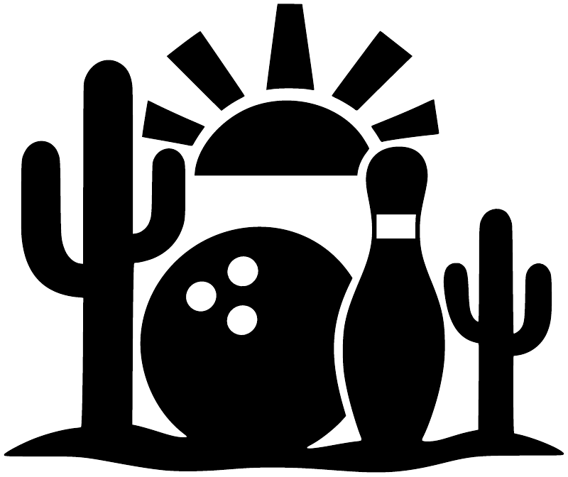 Black vinyl decal with sun behind bowling ball, cacti, and desert motifs