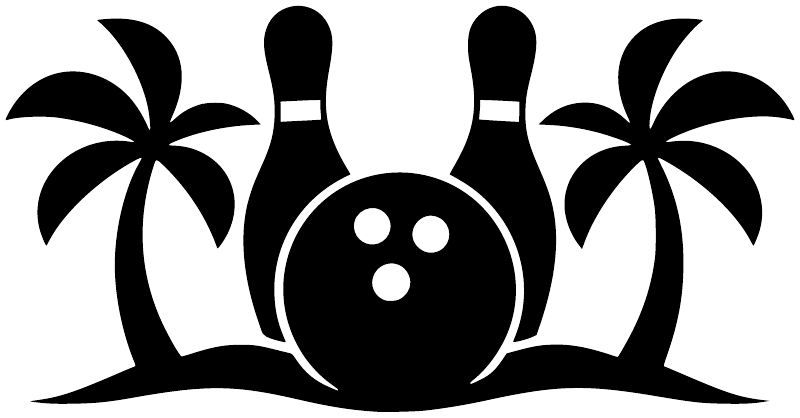 Black bowling decal graphic: bowling pin center with palm trees on both sides