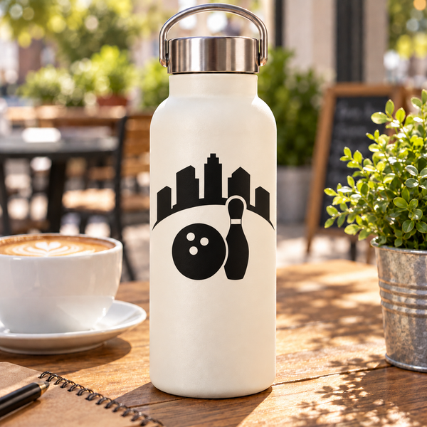 Bowling skyline vinyl decal with bowling ball and pins on a water bottle