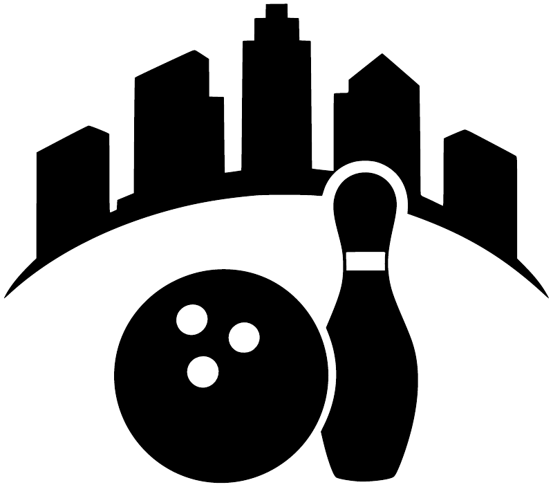 Black bowling-themed city skyline vinyl decal with ball and pins, on white