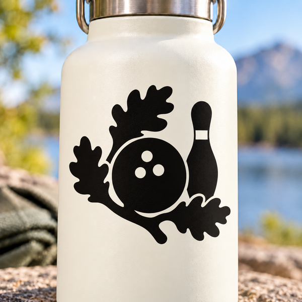 Bowling emblem vinyl decal with black bowling ball, pin, and leaf shapes