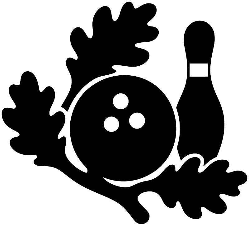 Bowling emblem vinyl decal close-up: black ball with three dots, pin, leaf shapes