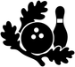 Bowling emblem vinyl decal close-up: black ball with three dots, pin, leaf shapes