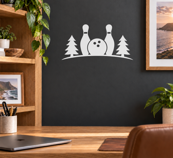 Bowling pin gate vinyl decal with pine trees and bowling ball, black and white