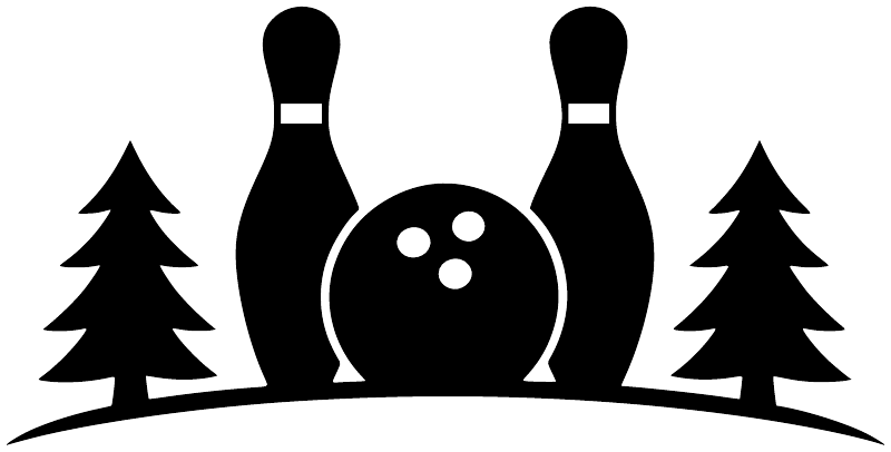 Close-up bowling pin gate vinyl decal with bowling ball and pine trees, black and white