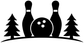 Close-up bowling pin gate vinyl decal with bowling ball and pine trees, black and white