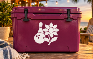 Purple cooler with white sunflower crest vinyl decal
