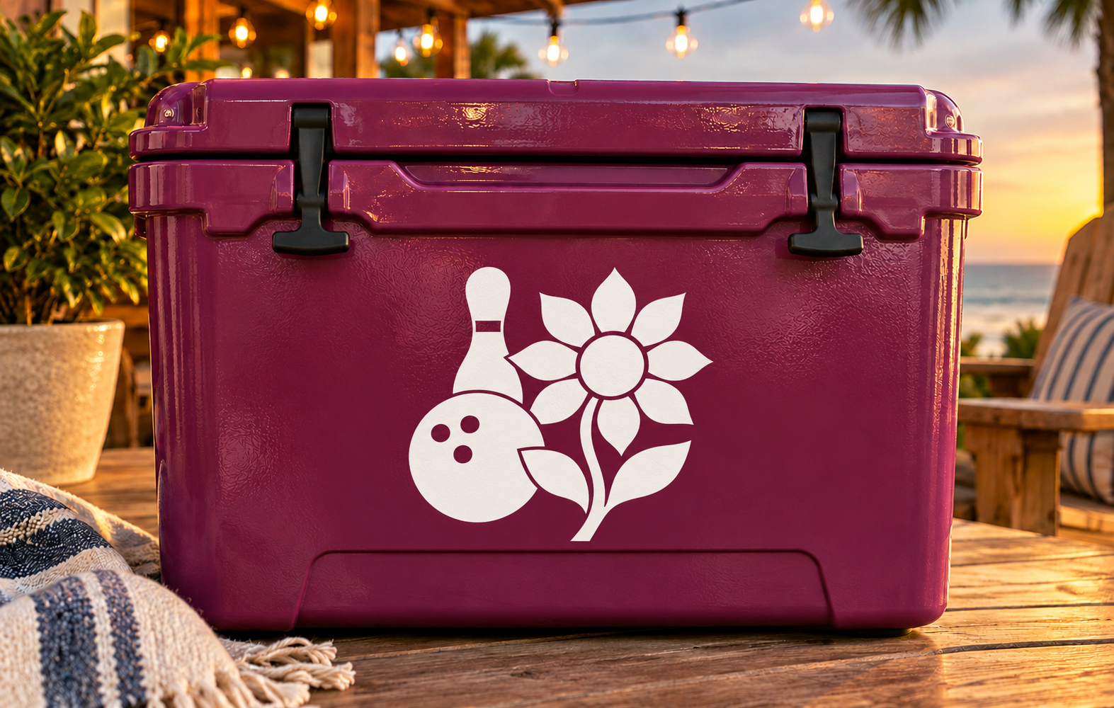 Purple cooler with white sunflower crest vinyl decal