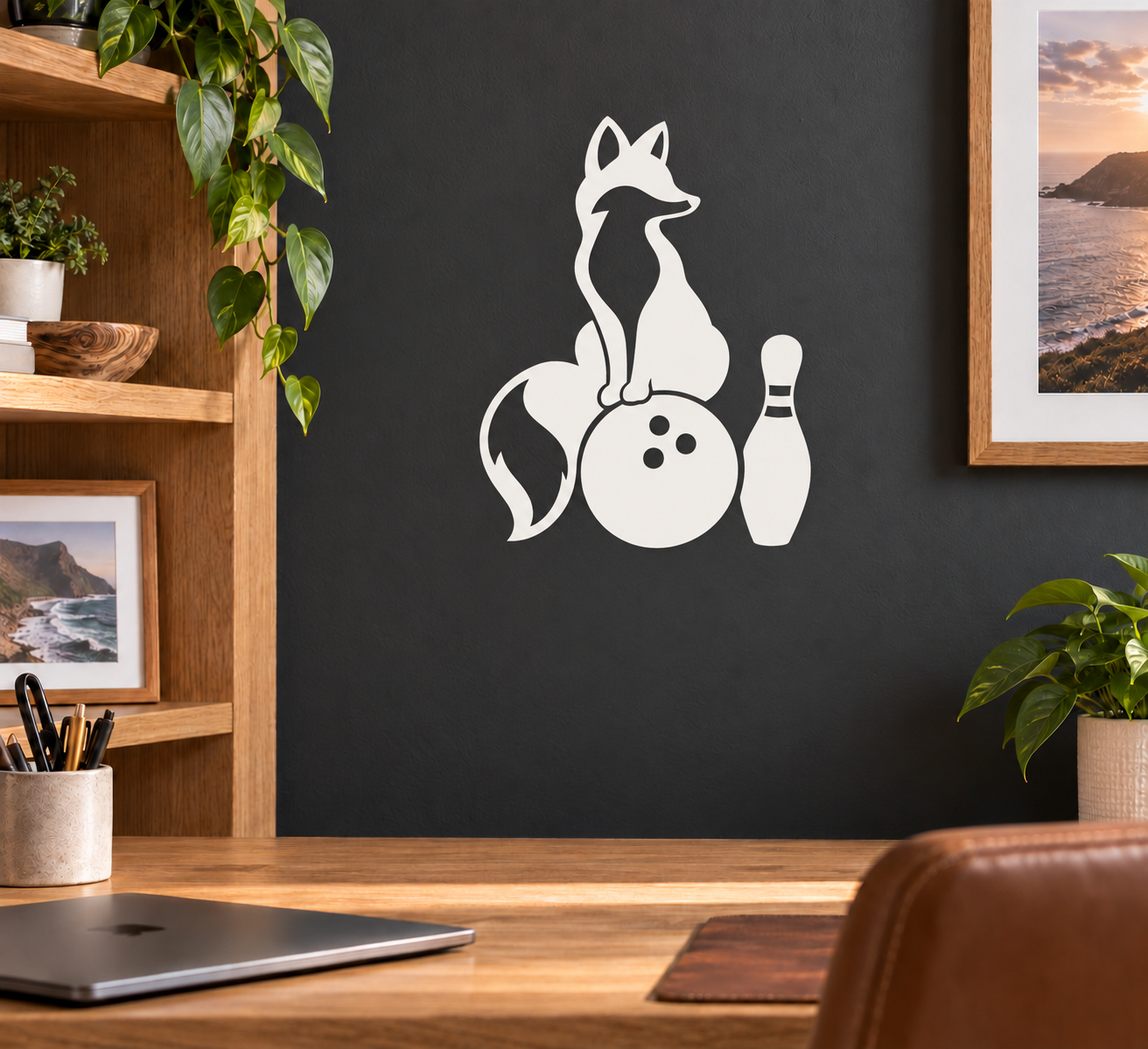 Black-and-white fox bowling medallion vinyl decal: fox with ball and pin