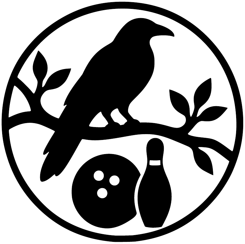 Bowling raven circle vinyl decal close-up, black silhouette on white circular design