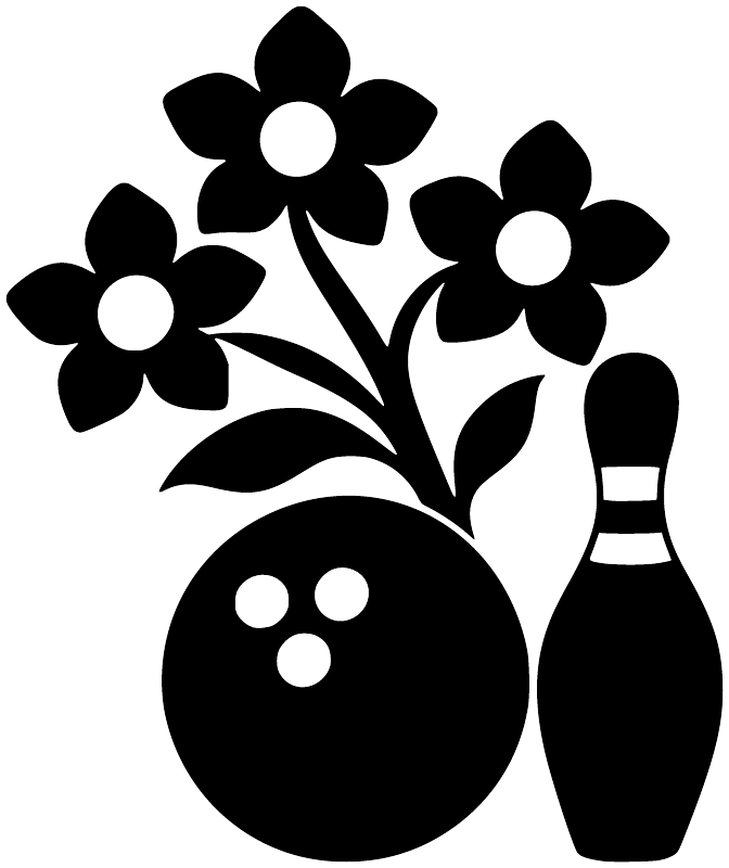 Black-and-white wildflower bowling decal with flowers, bowling ball, and pin