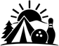 Black-and-white vinyl decal graphic with mountain, pine tree, sun rays, and bowling pins