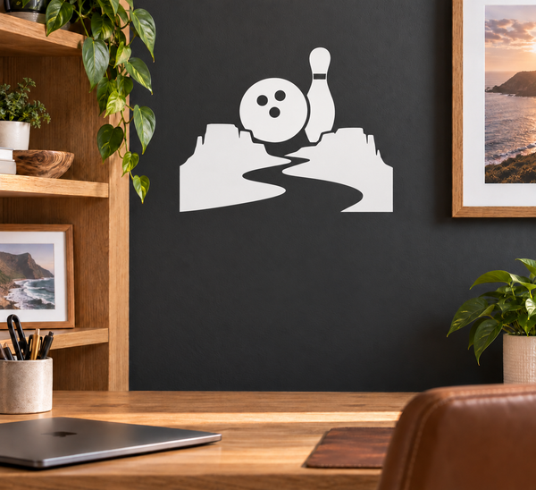 Bowling alley vinyl decal with bowling pin and bowling ball silhouette, white design