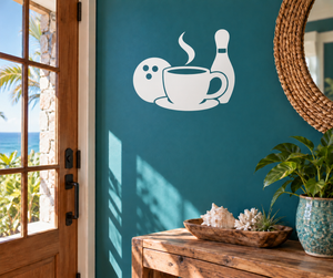 Coffee and bowling vinyl decal with steaming cup, bowling ball, and pin, white design
