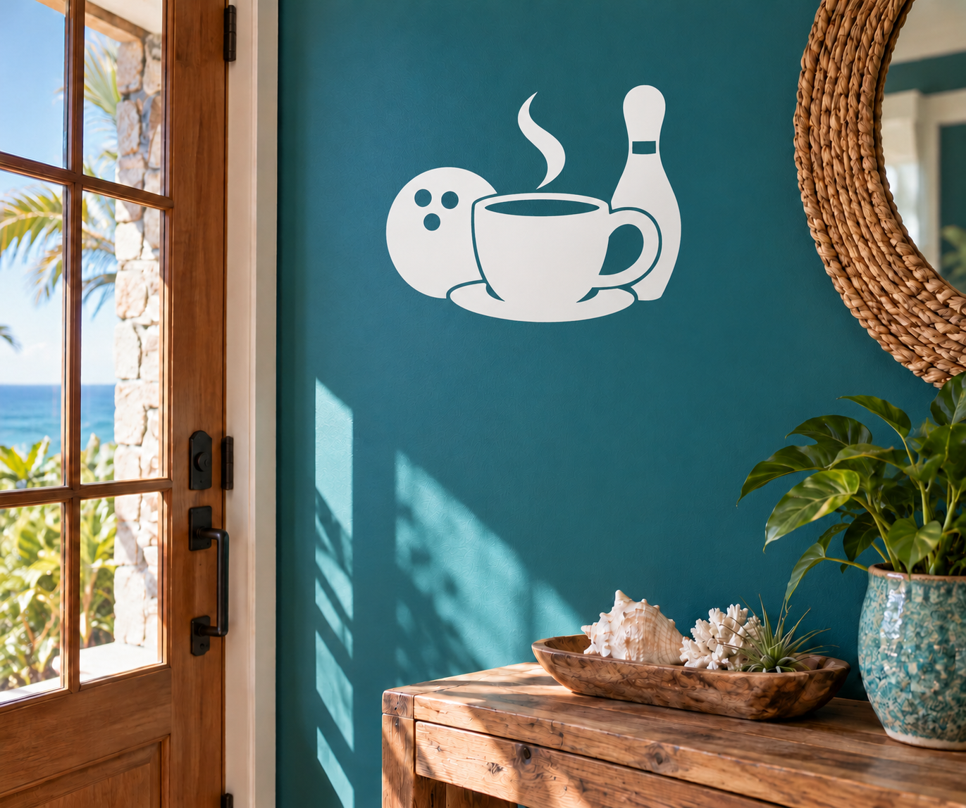 Coffee and bowling vinyl decal with steaming cup, bowling ball, and pin, white design