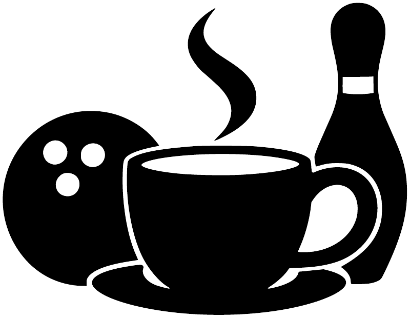 Coffee cup and bowling ball vinyl decal graphic with steam, bowling pin, and three dots