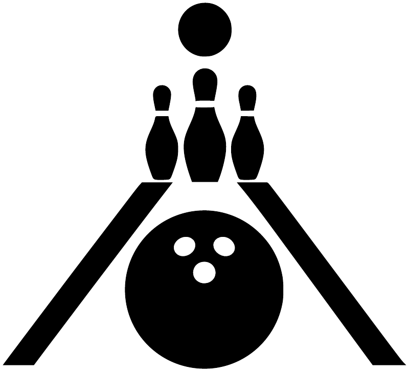 Black bowling lane vinyl decal with bowling ball and three bowling pins icon