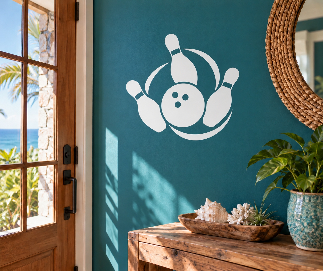 Bowling pinwheel motion vinyl decal with white bowling pin and ball graphic