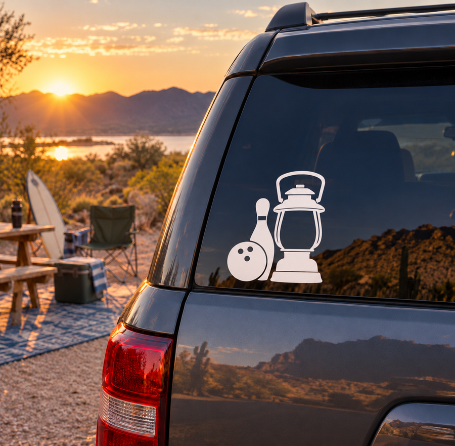 Car window bowling vinyl decal with lantern, bowling ball and pin