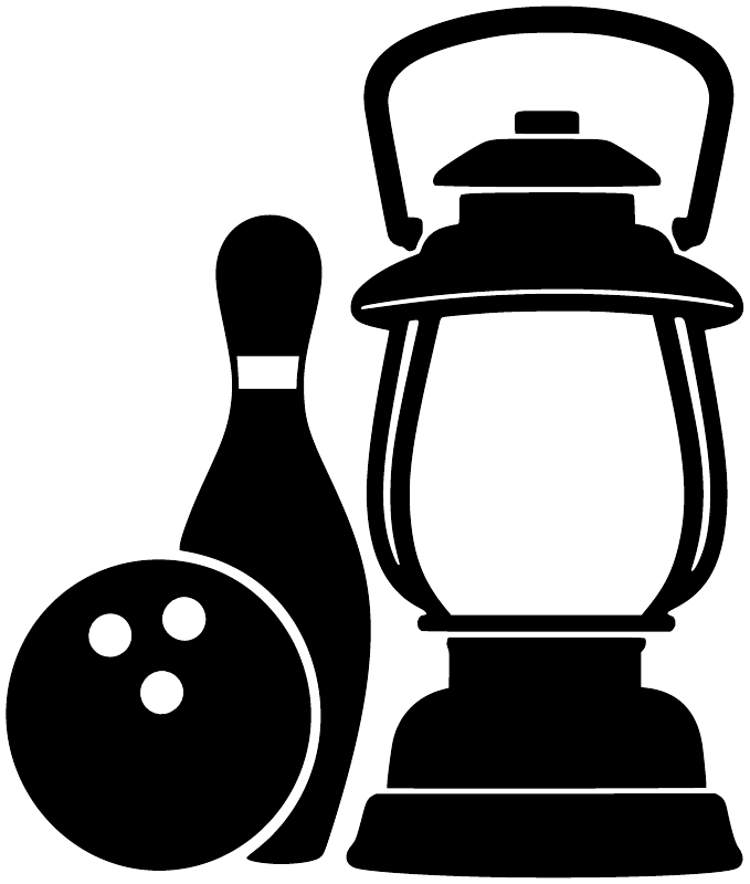 Bowling vinyl decal with black lantern, bowling ball and pin silhouettes on white