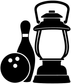 Bowling vinyl decal with black lantern, bowling ball and pin silhouettes on white