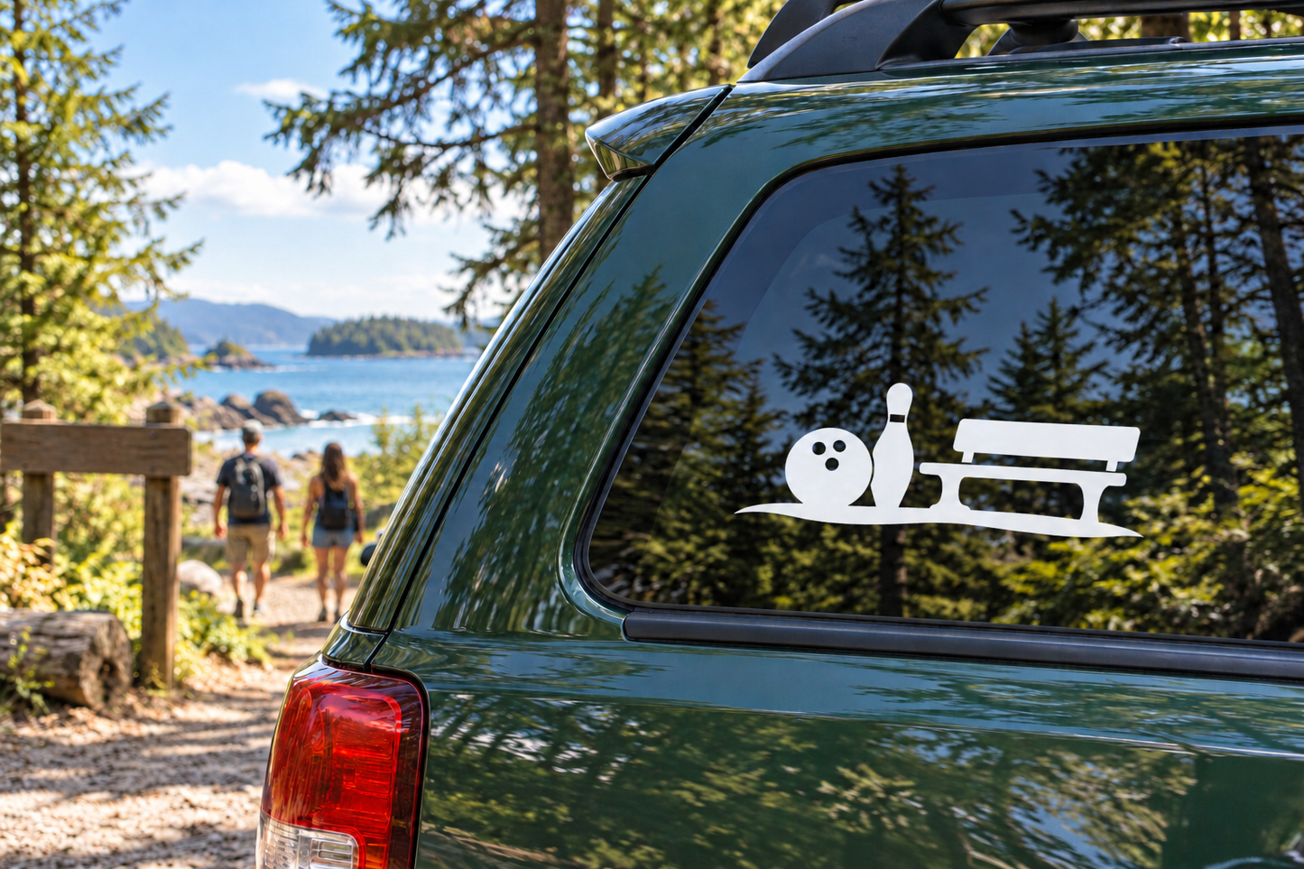 Bowling bench vinyl decal with bowling ball, pin, and seated figure silhouette on car window