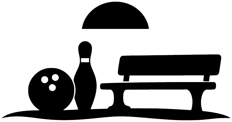 Bowling bench vinyl decal silhouette with bowling ball, bowling pin, and bench