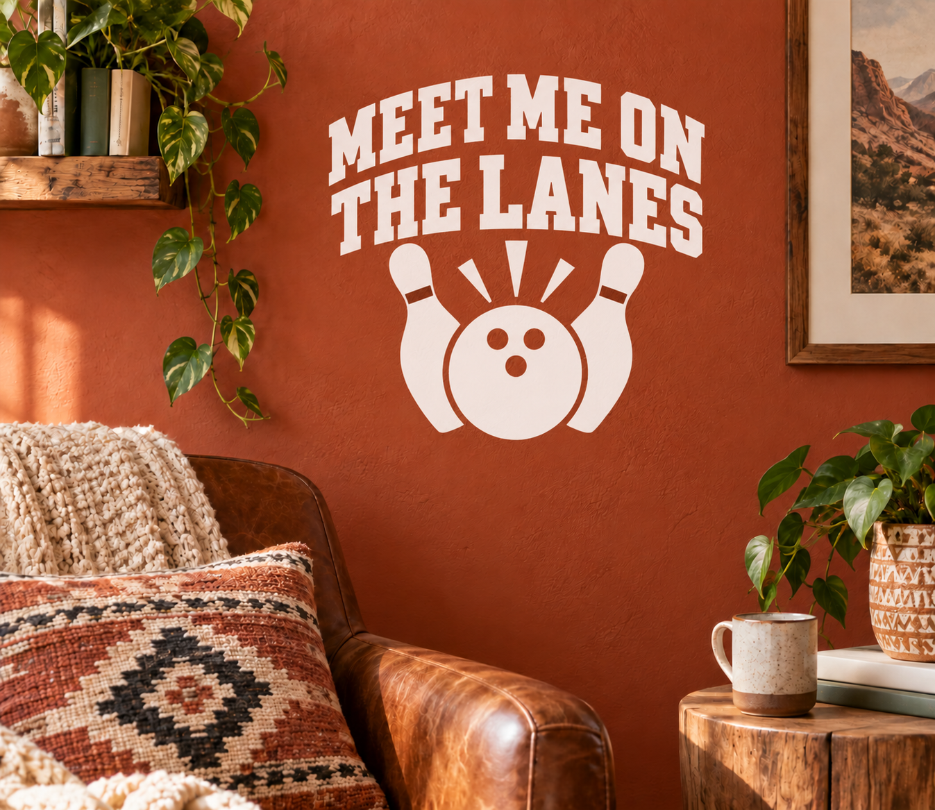 White bowling lanes vinyl decal: 'MEET ME ON THE LANES' with bowling pin icon.