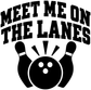 Black bowling lanes vinyl decal with 'MEET ME ON THE LANES' and bowling pin graphic.