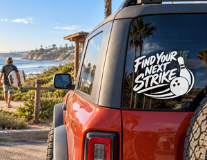 Vinyl bowling decal on car rear window: Find Your Next Strike with ball and swoosh