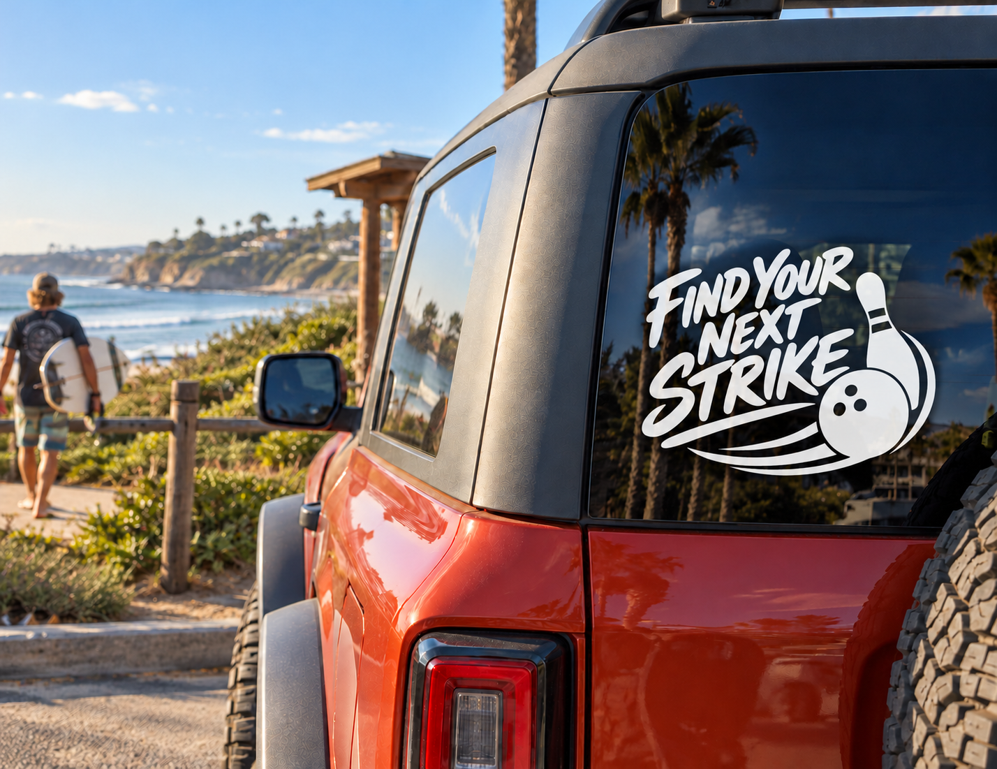 Vinyl bowling decal on car rear window: Find Your Next Strike with ball and swoosh