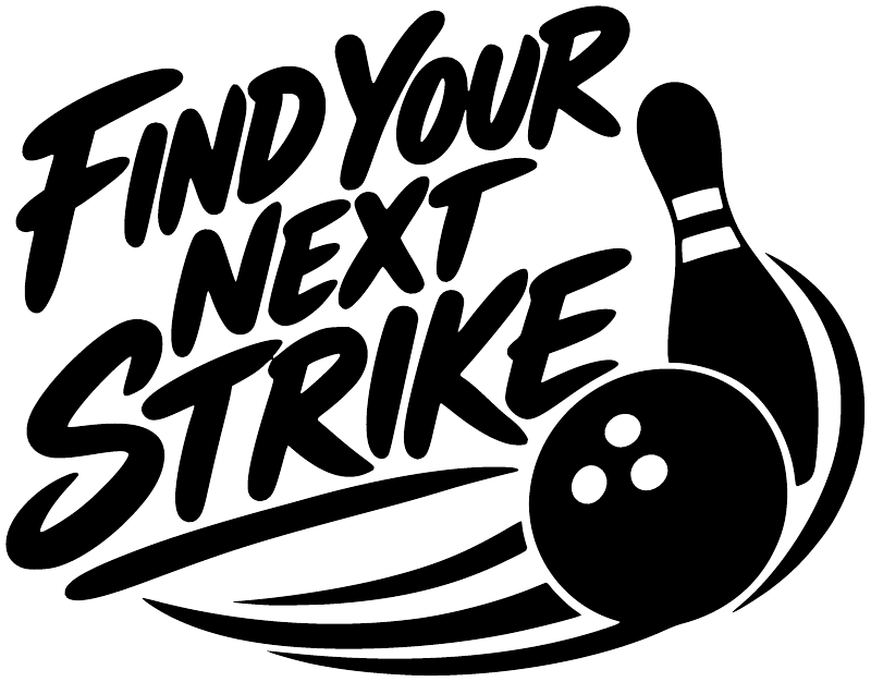 Bowling vinyl decal graphic: Find Your Next Strike text with bowling ball and stripes