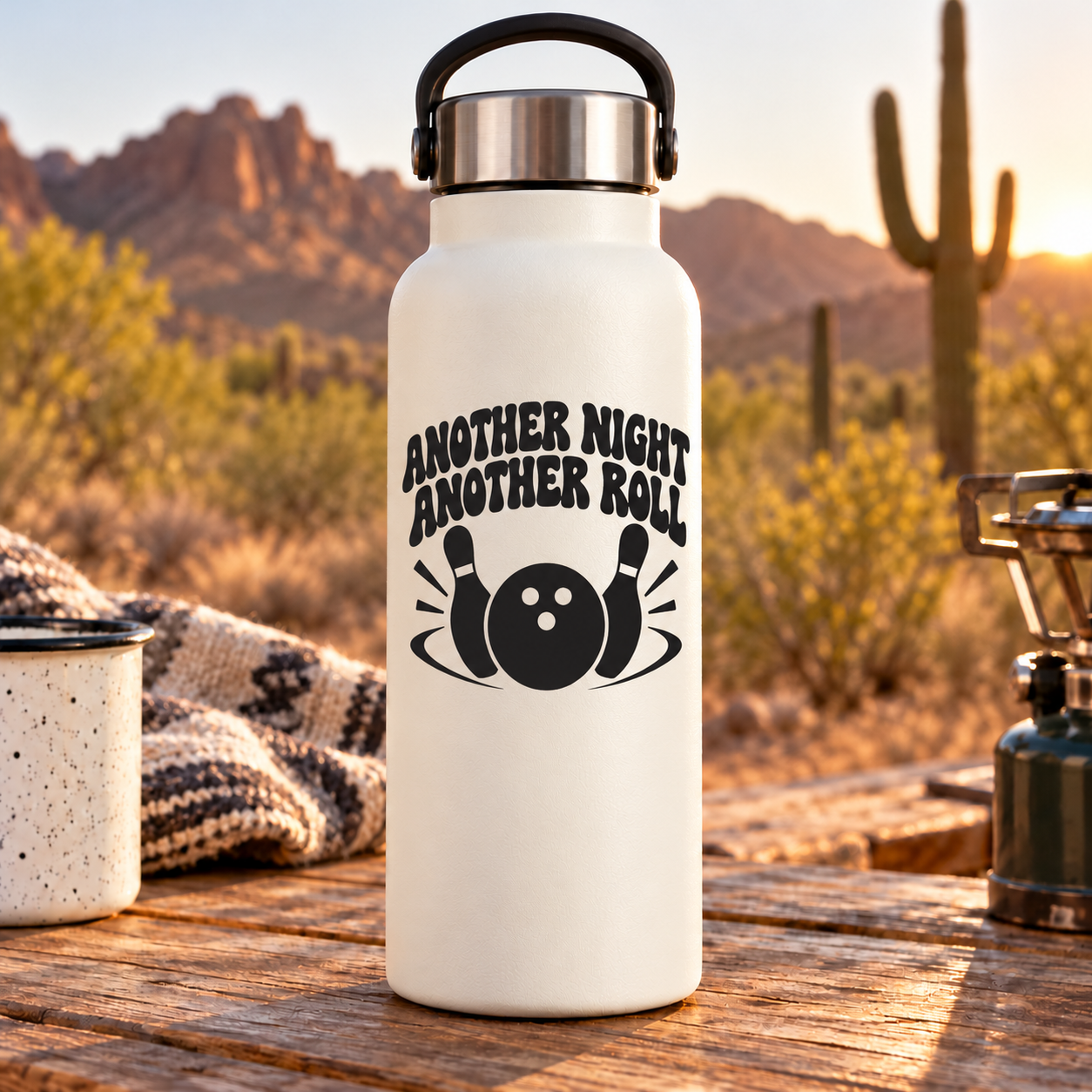 Bowling-themed vinyl decal with "ANOTHER NIGHT ANOTHER ROLL" text and bowling ball icons