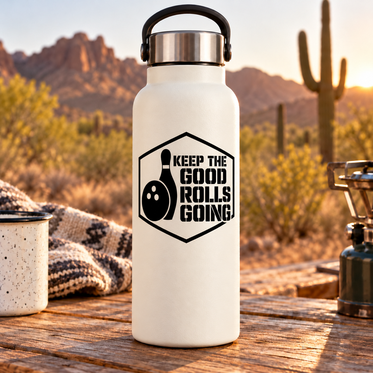 Vinyl decal on a white bottle: bowling pin and ball with text “Keep the Good Rolls Going”