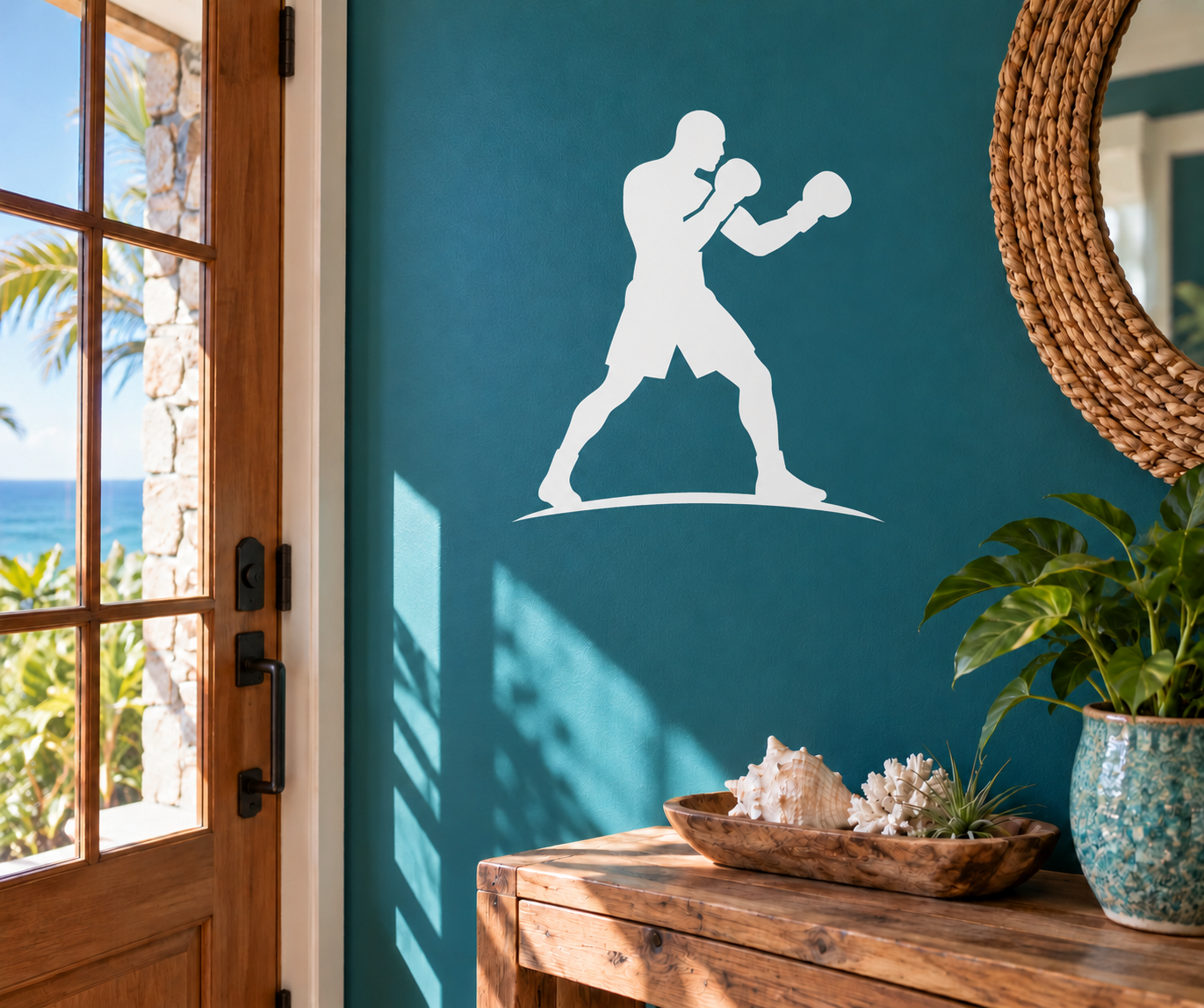 Boxing stance vinyl decal, white boxer silhouette on oval base