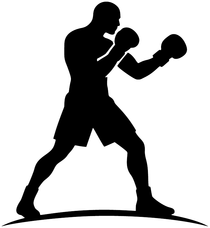 Boxing stance vinyl decal, black boxer silhouette with gloves on oval base