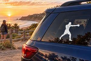 Boxing straight-reach vinyl decal on car window, black boxer silhouette