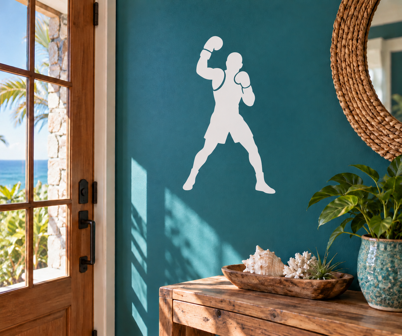 Boxing glove vinyl wall decal with light-colored silhouette of a boxer