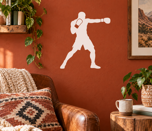 Boxer reach vinyl wall decal, white silhouette with glove and extended arm