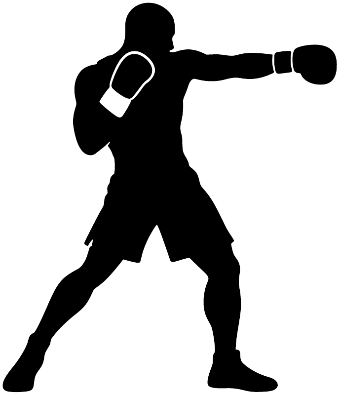 Boxing stance vinyl decal, black silhouette with raised glove and extended punch