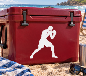 Boxing vinyl decal: white boxer in low-guard shift pose on red background