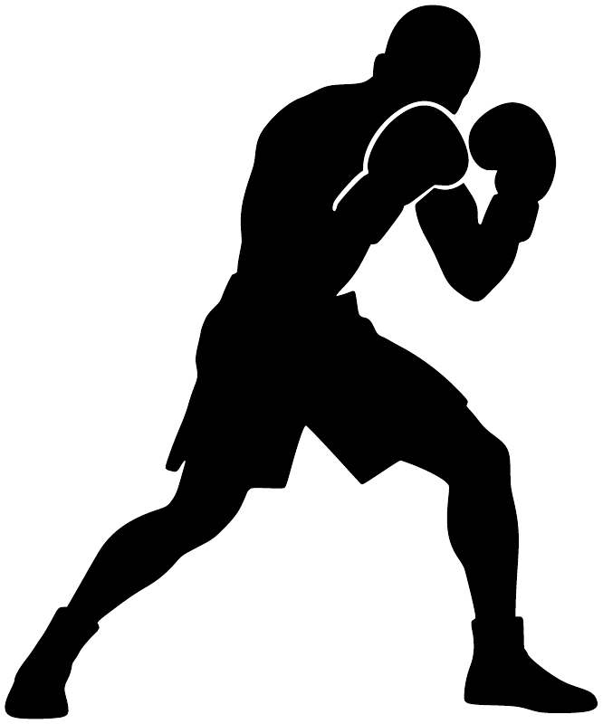 Boxing vinyl decal: black boxer silhouette in low-guard shift pose