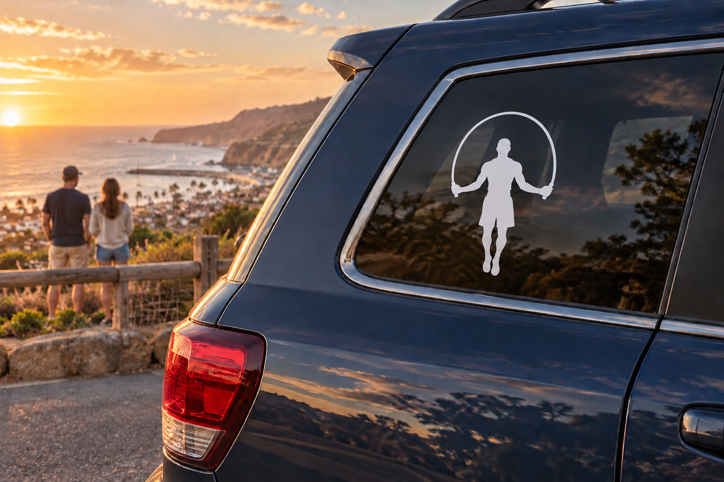 Boxing rope session vinyl decal of boxer holding jump rope on car rear window