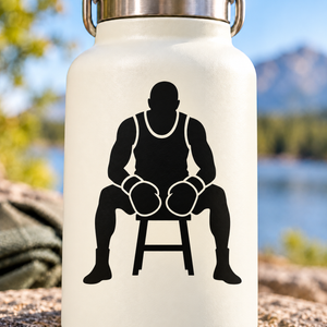 Boxing vinyl decal with black boxer silhouette sitting on a stool and wearing gloves