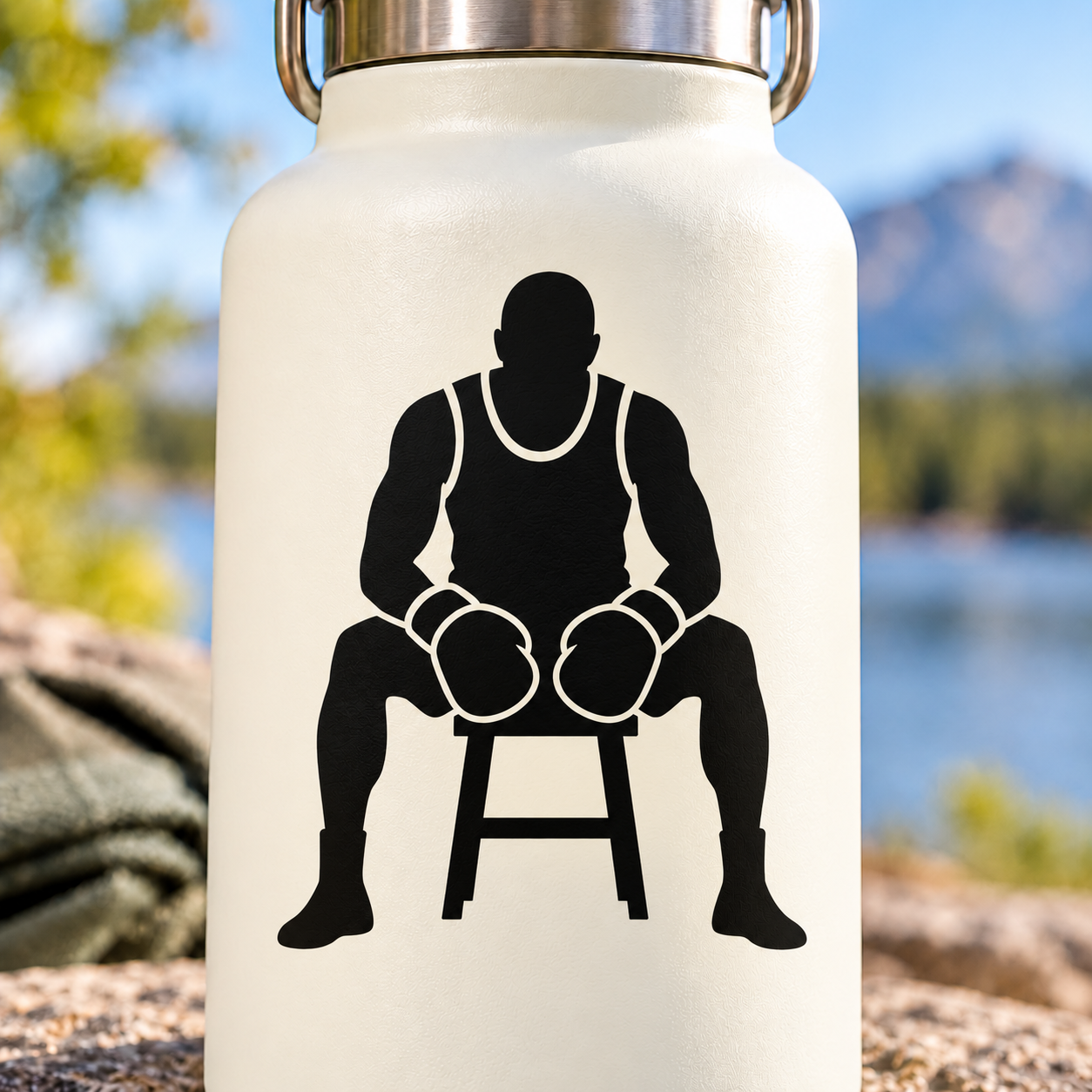 Boxing vinyl decal with black boxer silhouette sitting on a stool and wearing gloves
