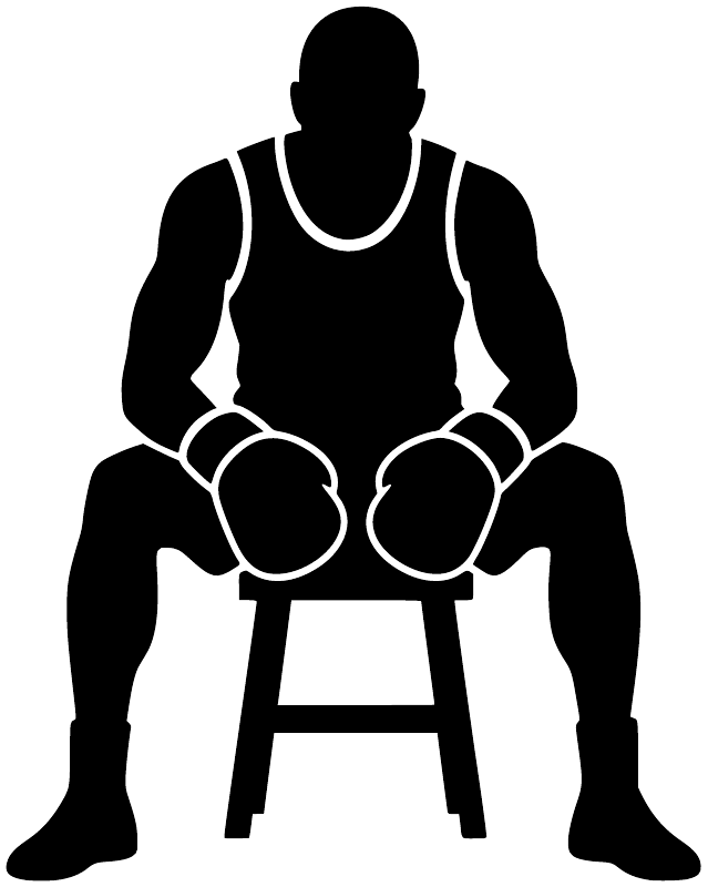 Boxing vinyl decal: black boxer silhouette on stool with raised boxing gloves