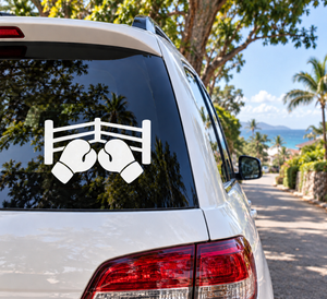 White boxing gloves vinyl decal with fence and corner emblem on car window